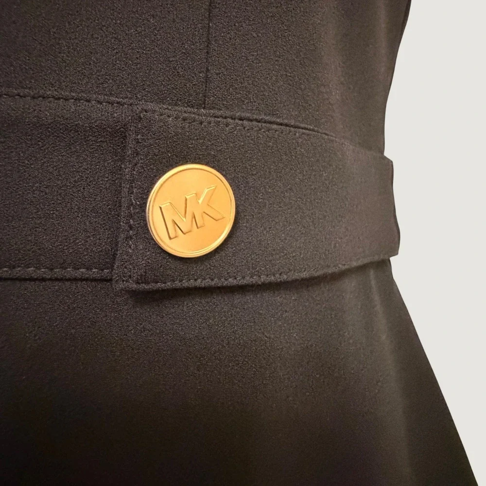 NWT Michael Kors Womens Black Sleeveless Ruffle Hem Dress MK Logo Buttons Size M